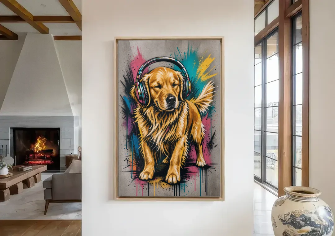 Golden Retriever with Headphones canvas wall art in a living room with a fireplace