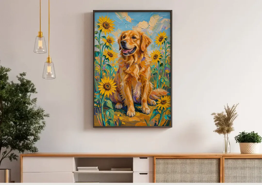 Golden Retriever with Sunflowers canvas wall art above a wooden sideboard under pendant lights