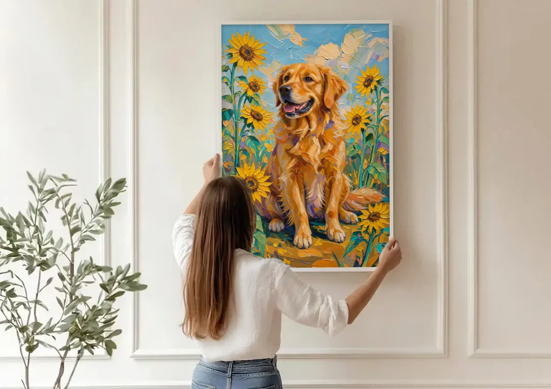 Golden Retriever with Sunflowers canvas wall art being hung on a paneled wall