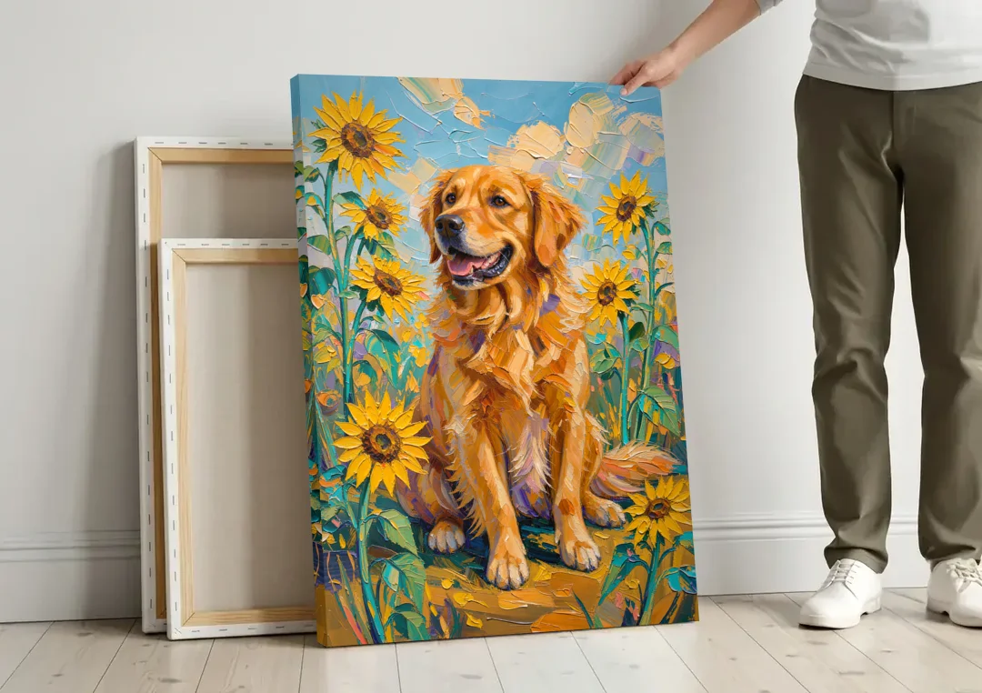 Golden Retriever with Sunflowers canvas wall art leaning against a wall next to blank canvases