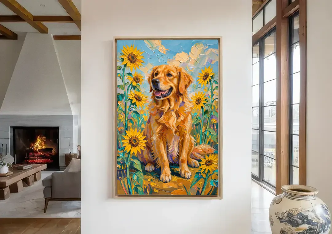 Golden Retriever with Sunflowers canvas wall art in a living room with a fireplace