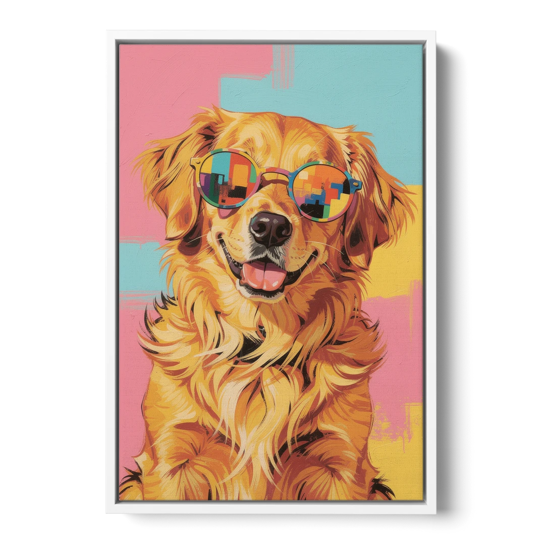 Golden Retriever with Sunglasses - White Framed Canvas Wall Art - Front