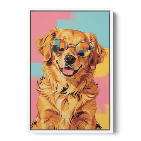 Golden Retriever with Sunglasses - White Framed Canvas Wall Art - Front