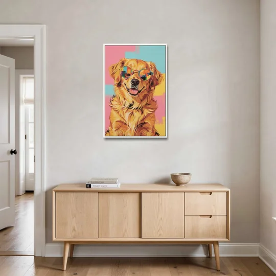Golden Retriever with Sunglasses - White Framed Canvas Wall Art - Coffee Table - 24x36