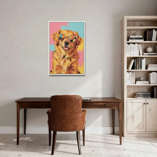 Golden Retriever with Sunglasses - White Framed Canvas Wall Art - Office - 24x36