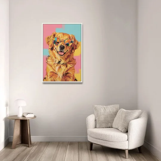 Golden Retriever with Sunglasses - White Framed Canvas Wall Art - Sofa - 24x36