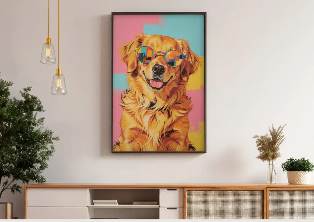 Golden Retriever with Sunglasses canvas wall art above a wooden sideboard under pendant lights
