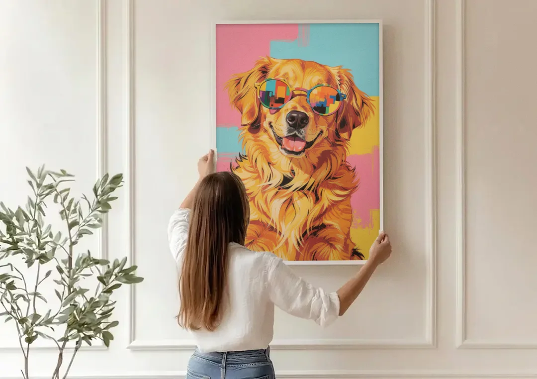 Golden Retriever with Sunglasses canvas wall art being hung on a paneled wall