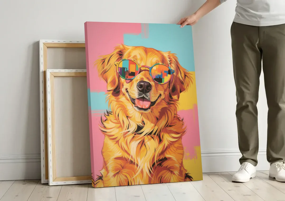 Golden Retriever with Sunglasses canvas wall art leaning against a wall next to blank canvases