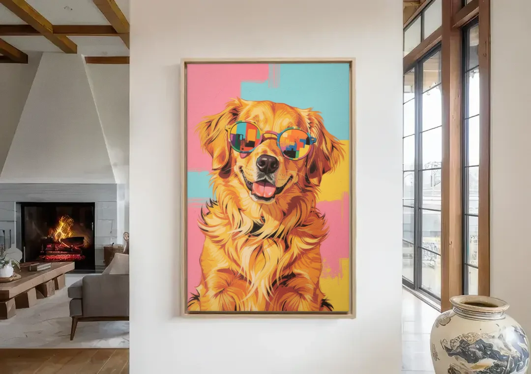 Golden Retriever with Sunglasses canvas wall art in a living room with a fireplace