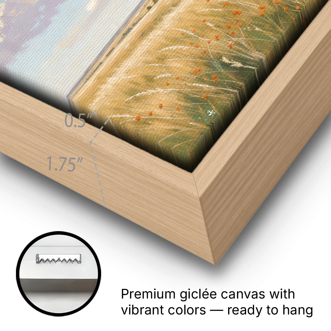 Golden Tallgrass Prairie Above a King Bed - Oak Framed Canvas Wall Art - Gallery Wrap Corner