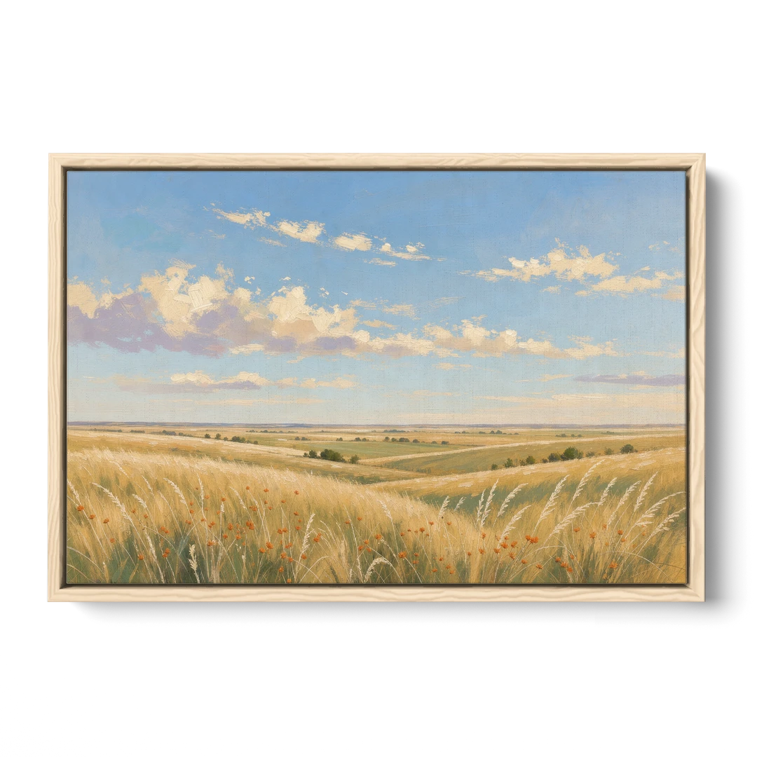 Golden Tallgrass Prairie Above a King Bed - Oak Framed Canvas Wall Art - Front