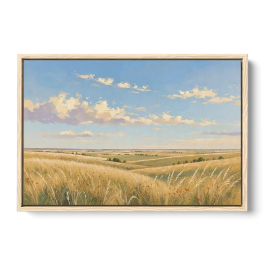 Golden Tallgrass Prairie Above a King Bed - Oak Framed Canvas Wall Art - Front