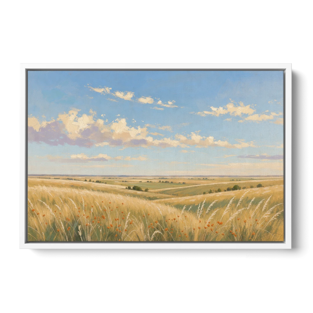 Golden Tallgrass Prairie Above a King Bed - White Framed Canvas Wall Art - Front
