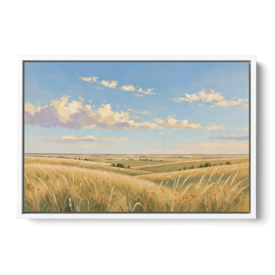 Golden Tallgrass Prairie Above a King Bed - White Framed Canvas Wall Art - Front
