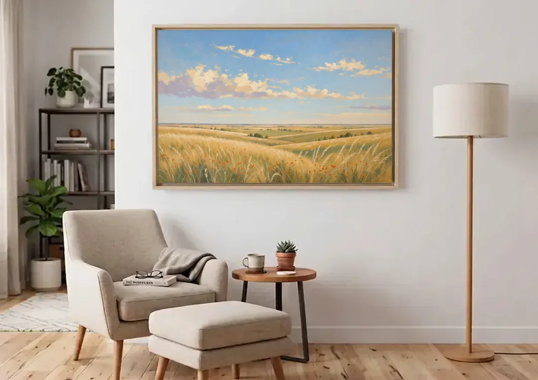 Golden Tallgrass Prairie Above a King Bed canvas wall art above an armchair in a bright living room