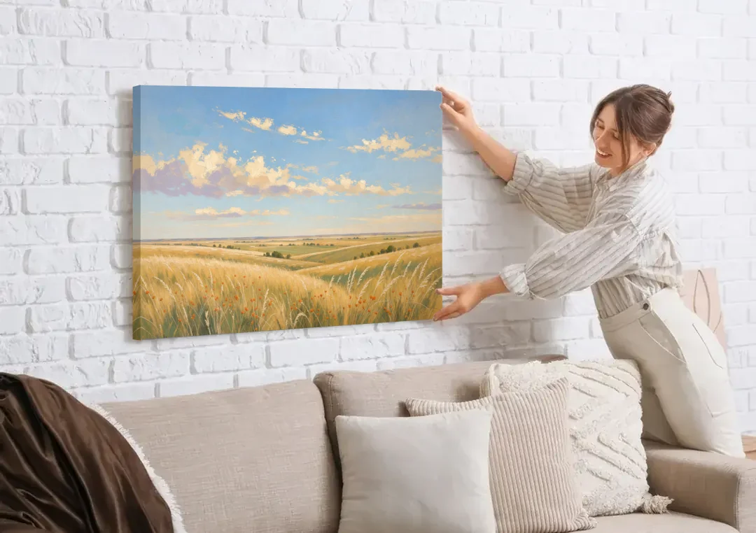 Golden Tallgrass Prairie Above a King Bed canvas wall art being hung on a white brick wall above a sofa