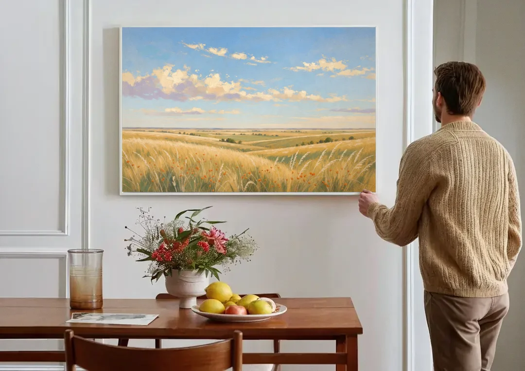 Golden Tallgrass Prairie Above a King Bed canvas wall art above a dining table
