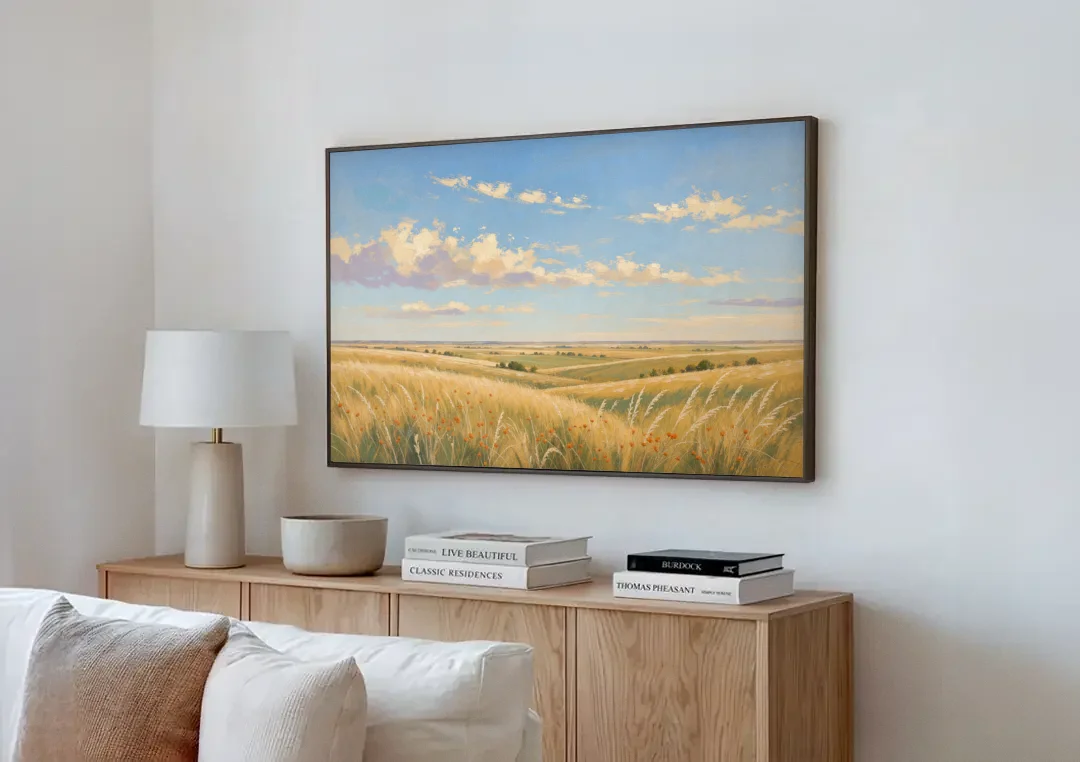 Golden Tallgrass Prairie Above a King Bed canvas wall art above a wooden sideboard next to a sofa