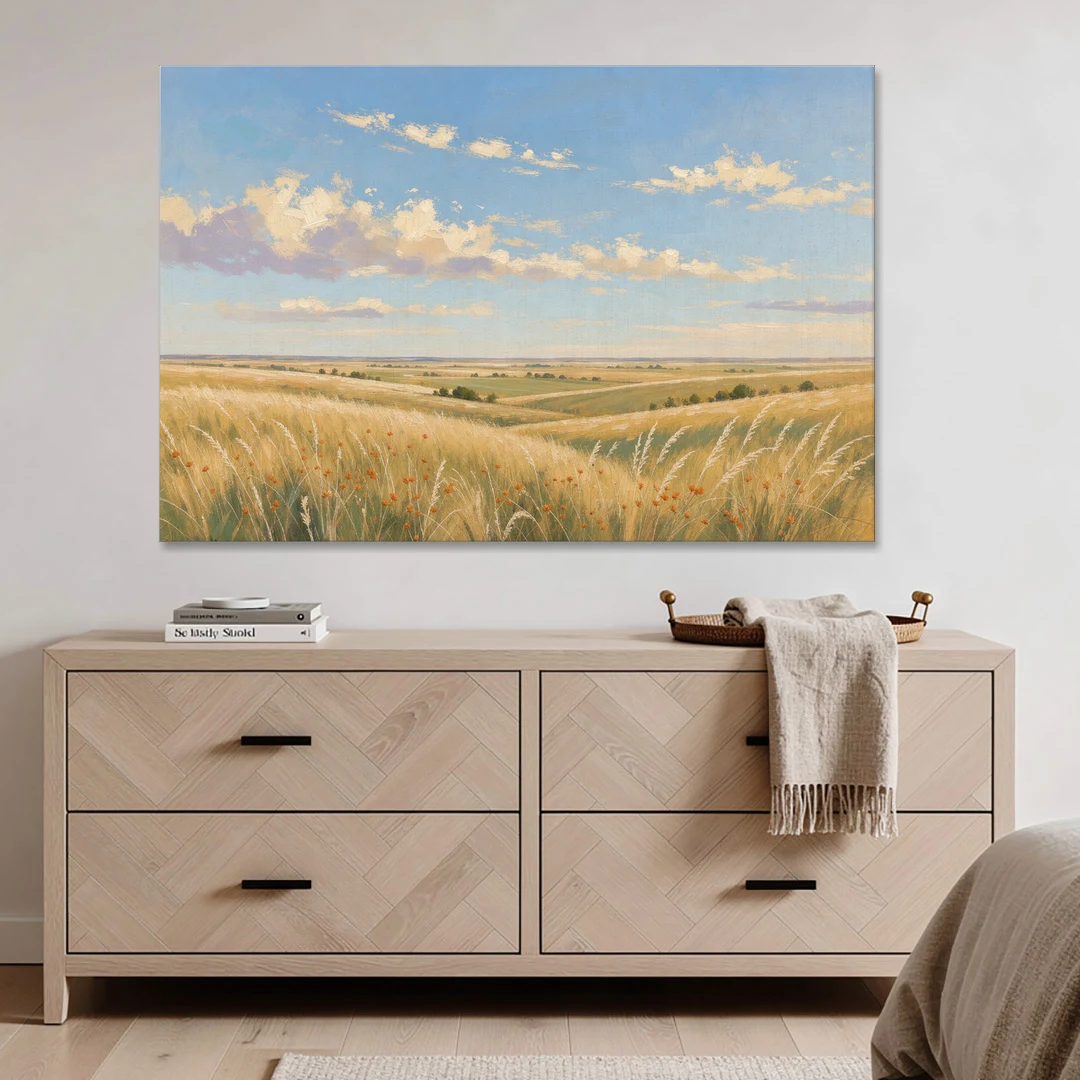Golden Tallgrass Prairie Above a King Bed - Canvas Wall Art - Coffee Table - 60x40