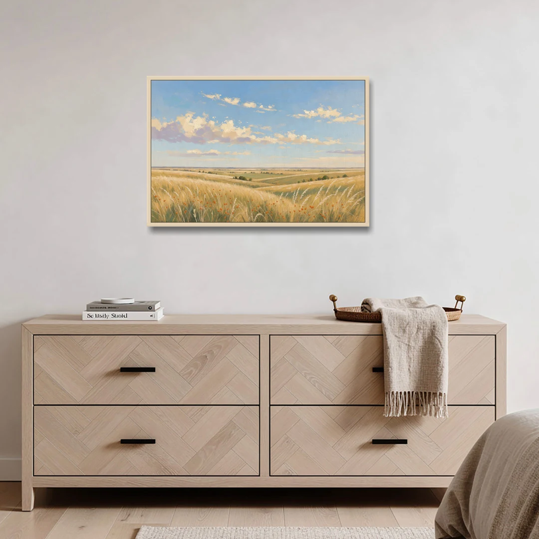 Golden Tallgrass Prairie Above a King Bed - Oak Framed Canvas Wall Art - Coffee Table - 36x24