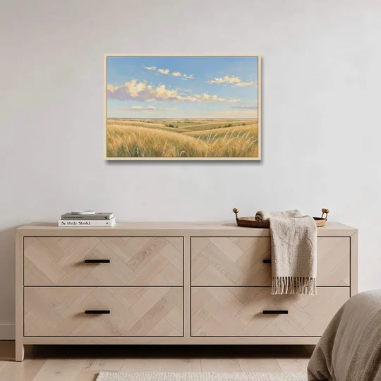 Golden Tallgrass Prairie Above a King Bed - Oak Framed Canvas Wall Art - Coffee Table - 36x24