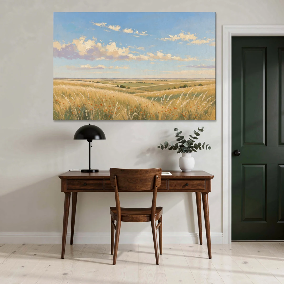 Golden Tallgrass Prairie Above a King Bed - Canvas Wall Art - Office - 60x40