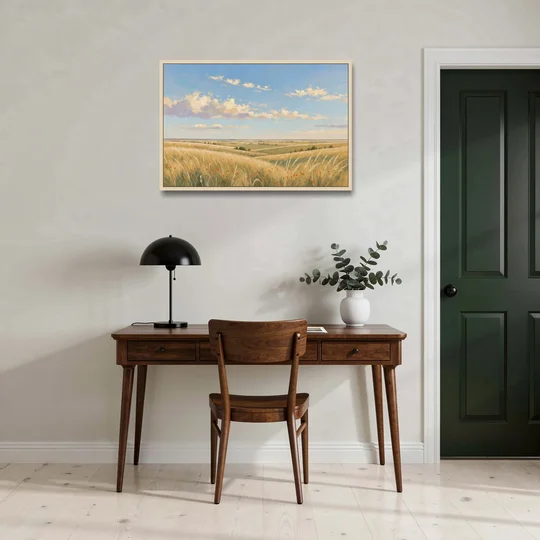 Golden Tallgrass Prairie Above a King Bed - Oak Framed Canvas Wall Art - Office - 36x24