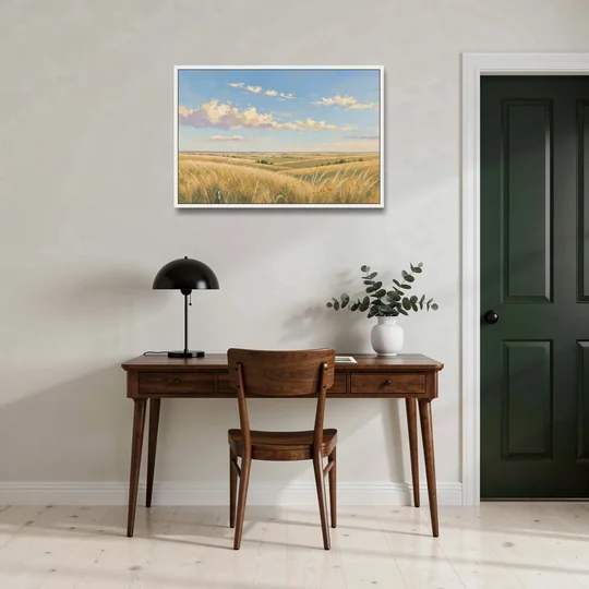Golden Tallgrass Prairie Above a King Bed - White Framed Canvas Wall Art - Office - 36x24