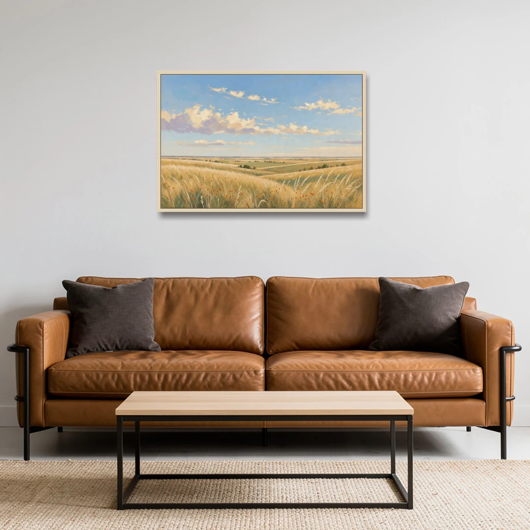 Golden Tallgrass Prairie Above a King Bed - Oak Framed Canvas Wall Art - Sofa - 36x24