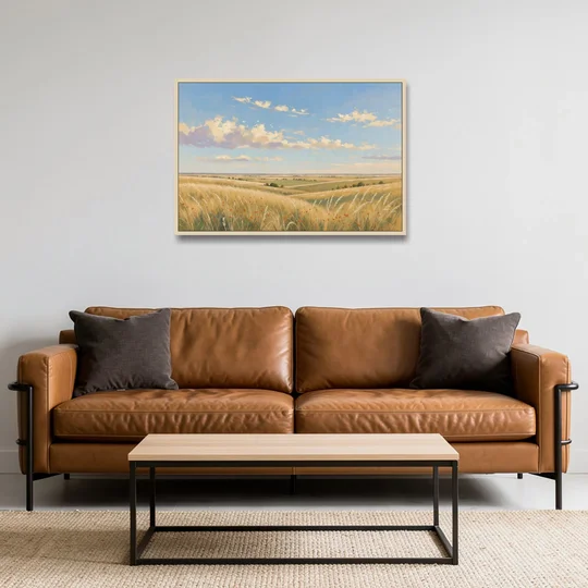 Golden Tallgrass Prairie Above a King Bed - Oak Framed Canvas Wall Art - Sofa - 36x24