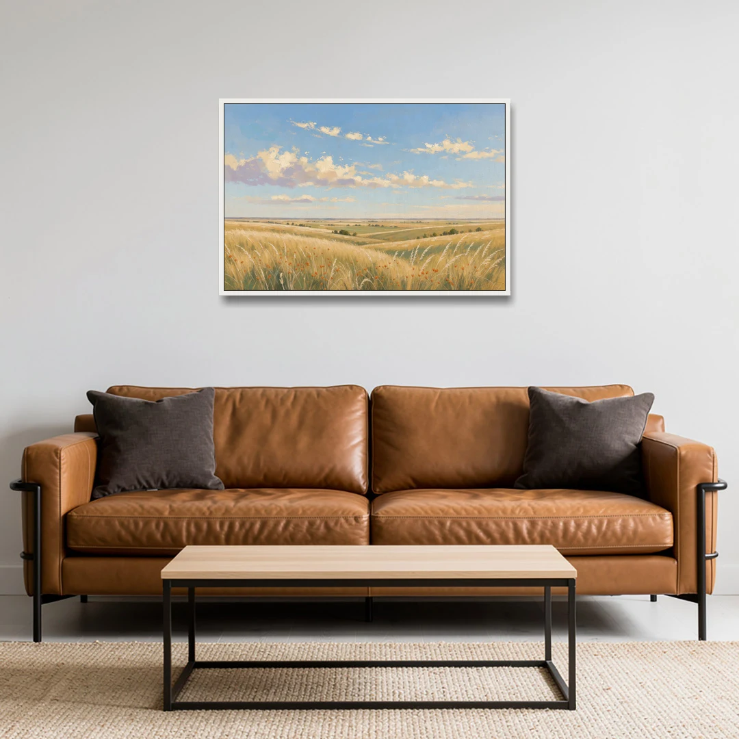 Golden Tallgrass Prairie Above a King Bed - White Framed Canvas Wall Art - Sofa - 36x24