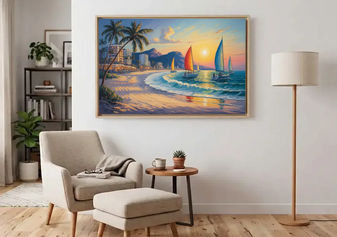 Golden Zone Beachfront canvas wall art above an armchair in a bright living room