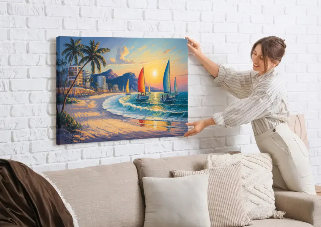 Golden Zone Beachfront canvas wall art being hung on a white brick wall above a sofa