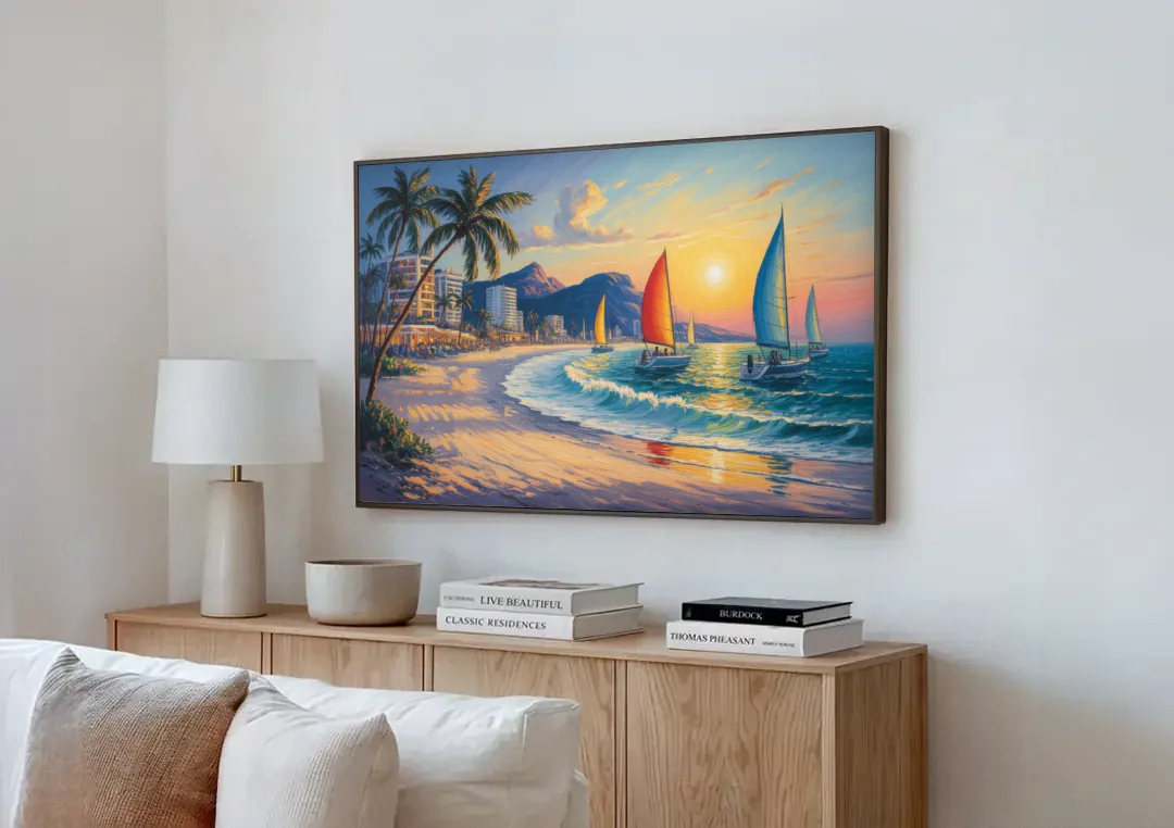 Golden Zone Beachfront canvas wall art above a wooden sideboard next to a sofa