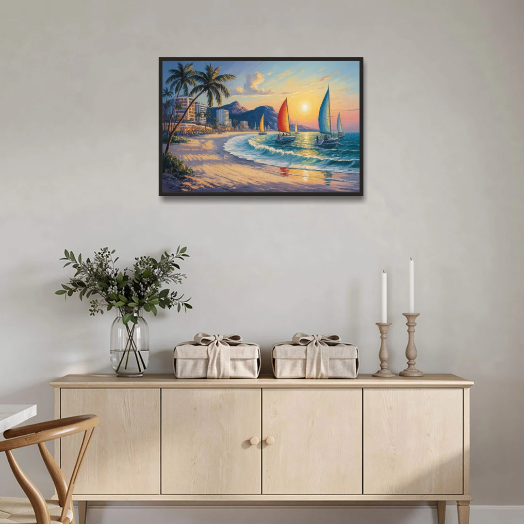 Golden Zone Beachfront - Black Framed Canvas Wall Art - Coffee Table - 36x24