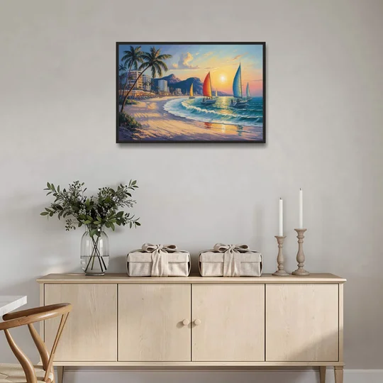 Golden Zone Beachfront - Black Framed Canvas Wall Art - Coffee Table - 36x24