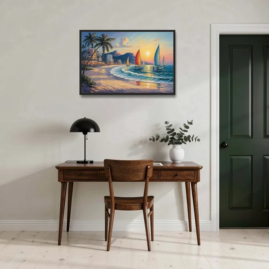 Golden Zone Beachfront - Black Framed Canvas Wall Art - Office - 36x24