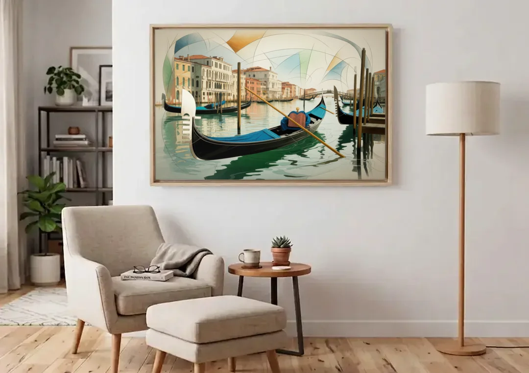 Gondola Dreams canvas wall art above an armchair in a bright living room