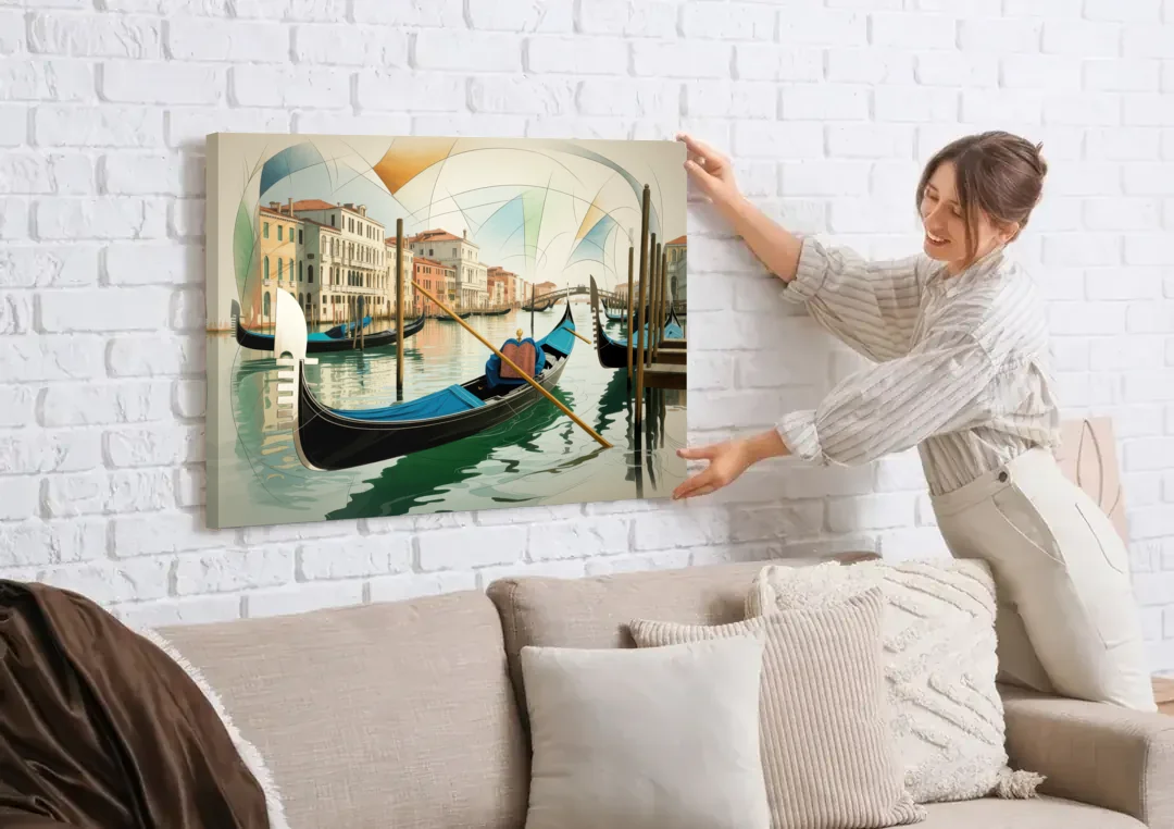 Gondola Dreams canvas wall art being hung on a white brick wall above a sofa