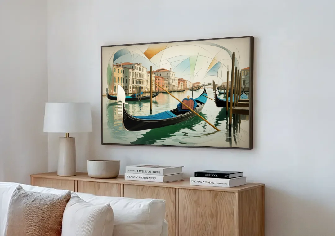 Gondola Dreams canvas wall art above a wooden sideboard next to a sofa