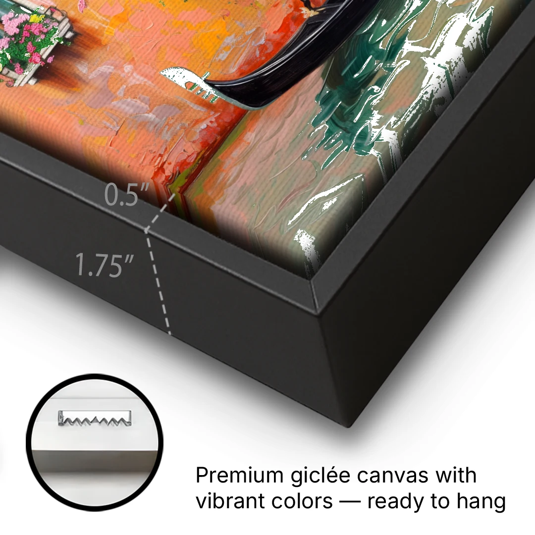 Gondola Painting Under Flowered Windows - Black Framed Canvas Wall Art - Gallery Wrap Corner