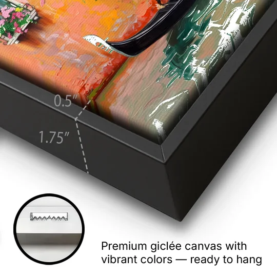 Gondola Painting Under Flowered Windows - Black Framed Canvas Wall Art - Gallery Wrap Corner