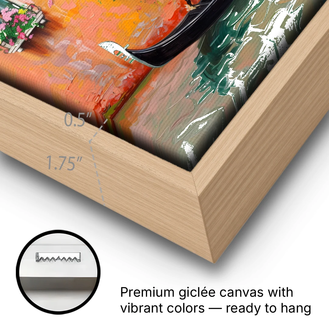 Gondola Painting Under Flowered Windows - Oak Framed Canvas Wall Art - Gallery Wrap Corner