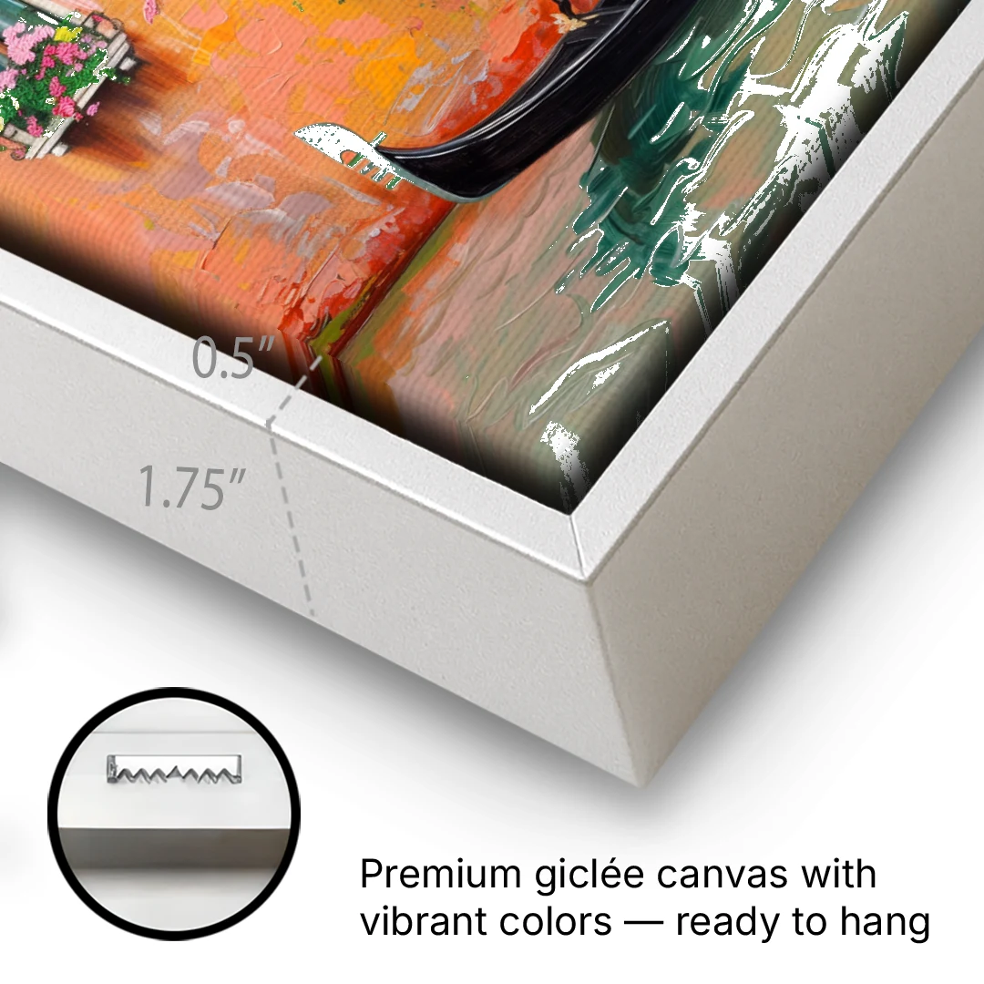 Gondola Painting Under Flowered Windows - White Framed Canvas Wall Art - Gallery Wrap Corner
