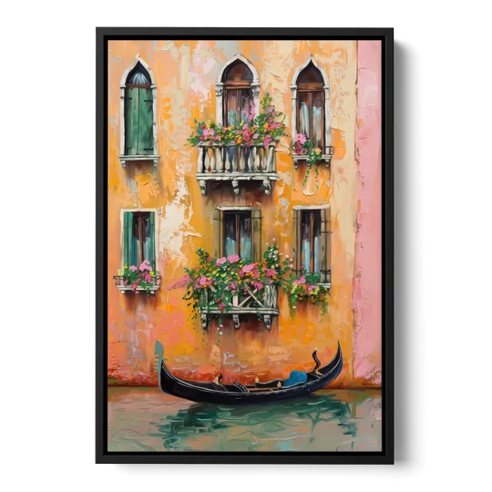 Gondola Painting Under Flowered Windows - Black Framed Canvas Wall Art - Front