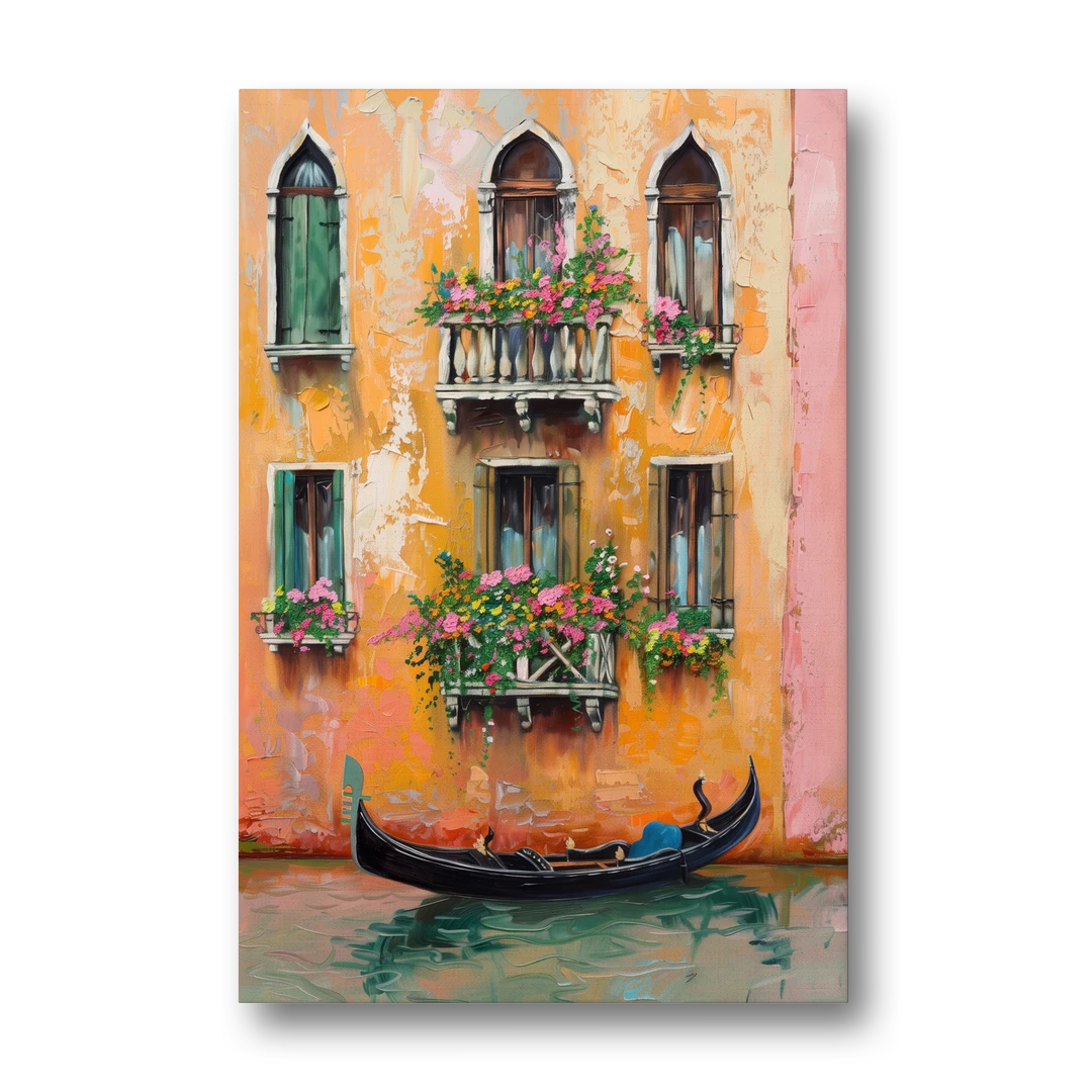 Gondola Painting Under Flowered Windows - Canvas Wall Art - Front