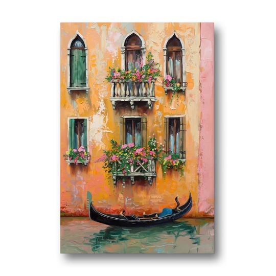 Gondola Painting Under Flowered Windows - Canvas Wall Art - Front