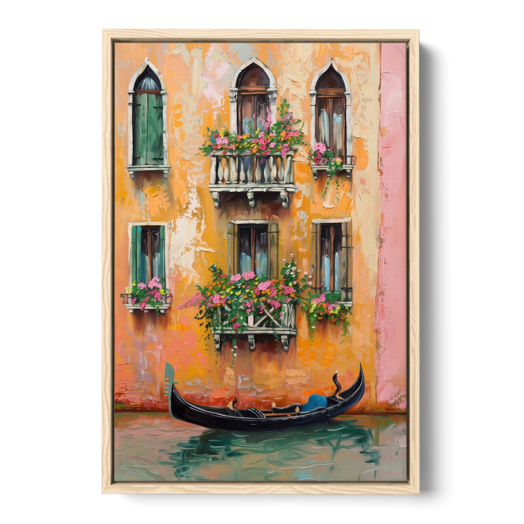 Gondola Painting Under Flowered Windows - Oak Framed Canvas Wall Art - Front