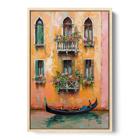 Gondola Painting Under Flowered Windows - Oak Framed Canvas Wall Art - Front